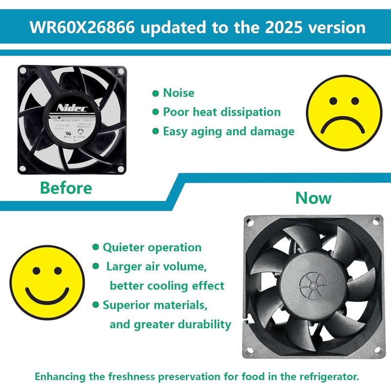 FCSTYODO 2025 Upgraded WR60X26866 Evaporator Fan Motor, Compatible with GE Refrigrator Parts, Replace V80E14MS2A3-57A611, WR60X26030, WR60X26033, WR60X10341, WR60X10356, WR60X10357 etc. - Image 3
